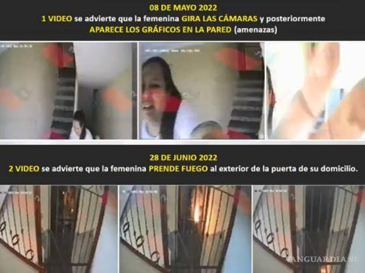 $!En el primer video, del 8 de mayo de 2022, se ve a la mujer girar las cámaras, y posteriormente se ven en la pared las amenazas que había denunciado Raquel con anterioridad y en el segundo cuando incendia algo en la puerta de su casa.