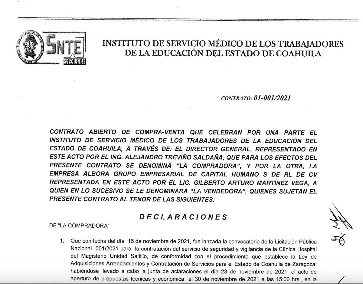 $!Este es el contrato que firmó la Clínica del Magisterio a finales de 2021 con la empresa Albora Grupo Empresarial, propiedad del hijo del líder del SNTE.