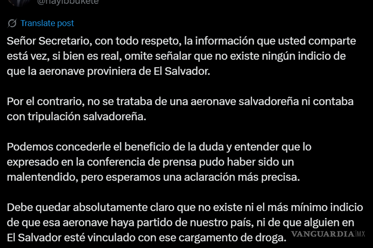 $!Bukele desmiente a García Harfuch: niega que avioneta con más de 400 kilos de droga saliera de El Salvador