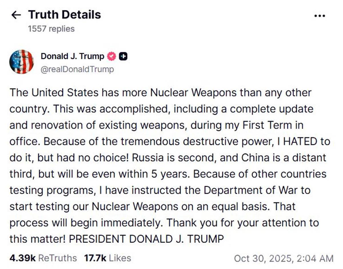 $!Donald Trump ordenó empezar a probar inmediatamente el arsenal nuclear estadounidense debido a los programas de pruebas de otros países.