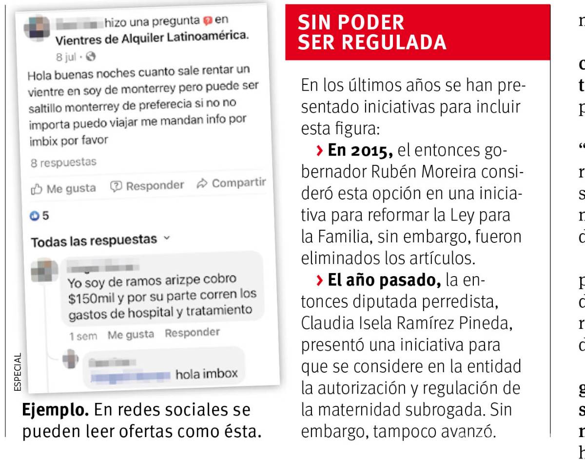 $!Ofrecen renta de vientres por $150 mil en la región, detectan casos de en Saltillo y Ramos Arizpe