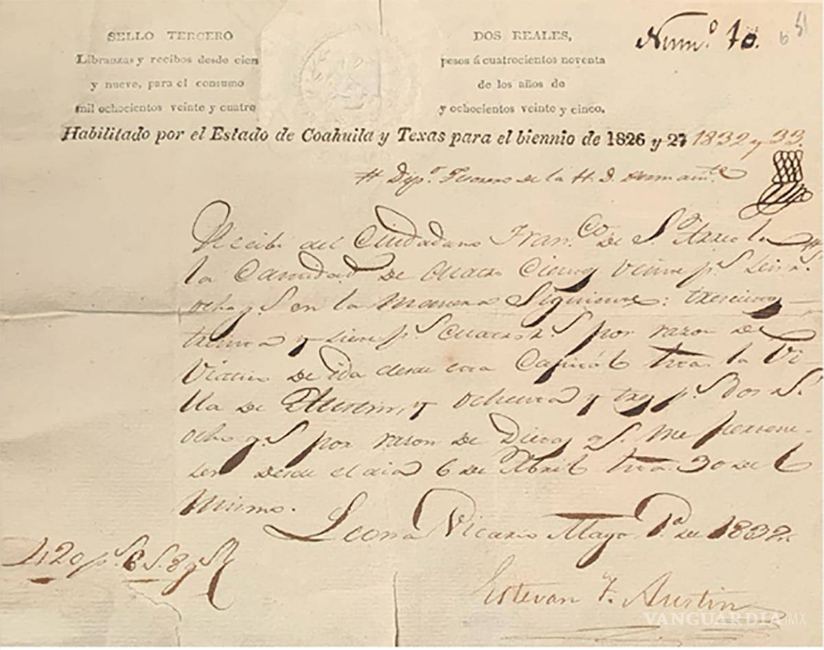 $!Recibo del Congreso de Coahuila y Texas firmado por Stephan F. Austin Mayo 21 de 1832.