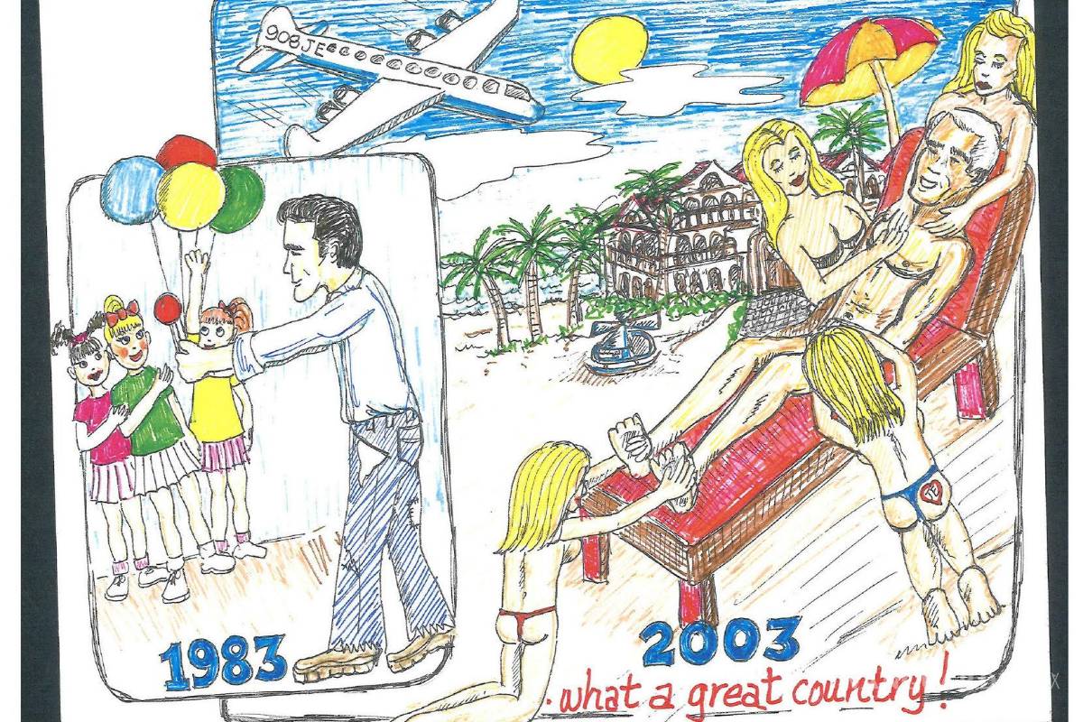 $!Dibujo en donde en la primera imagen aparece regalando globos a cuatro niñas, y en la segunda, en una hamaca recibiendo un masaje de cuatro mujeres.