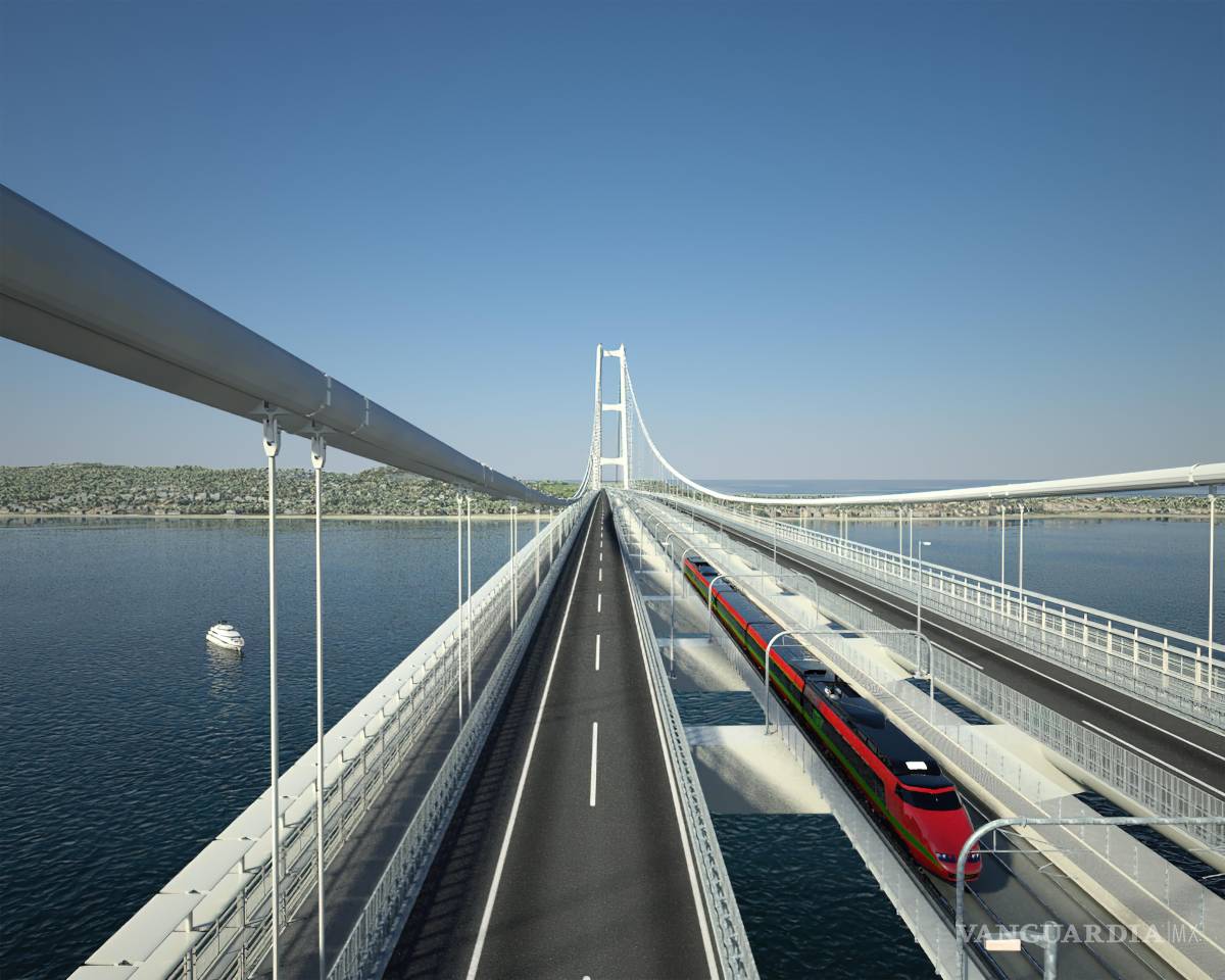 $!El tramo colgante (vano principal) del puente tendrá 3.300 metros de longitud y estará suspendido en el aire a 70 metros sobre el agua.