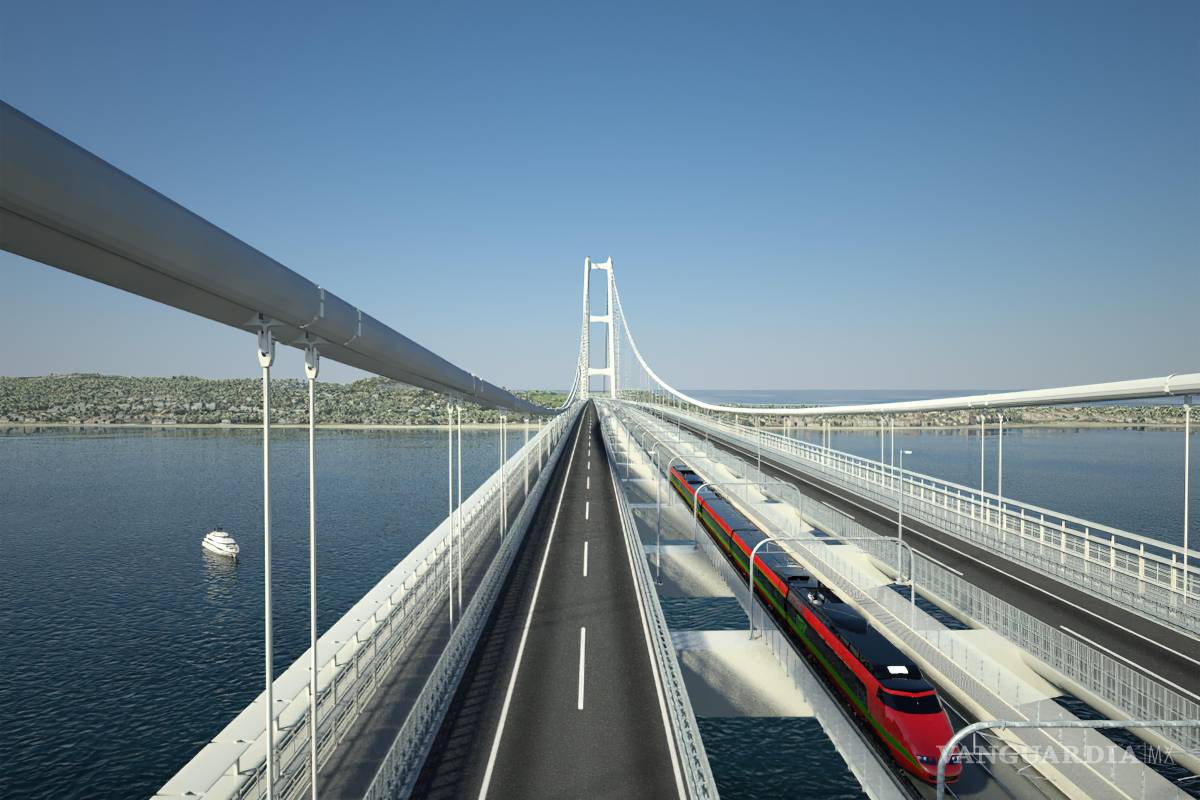 $!El tramo colgante (vano principal) del puente tendrá 3.300 metros de longitud y estará suspendido en el aire a 70 metros sobre el agua.