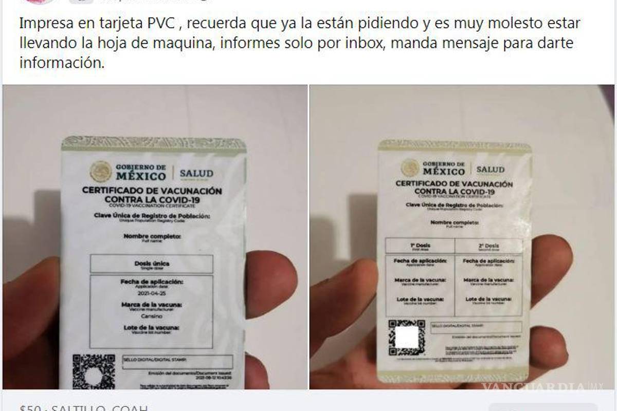 En Saltillo y Monclova ofrecen en tamaño bolsillo certificado de vacunación antiCOVID