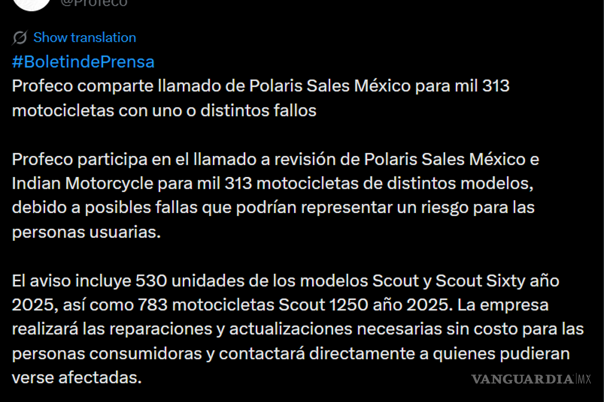 $!La Procuraduría Federal del Consumidor (Profeco) informó que Polaris Sales México e Indian Motorcycle iniciaron un llamado a revisión.