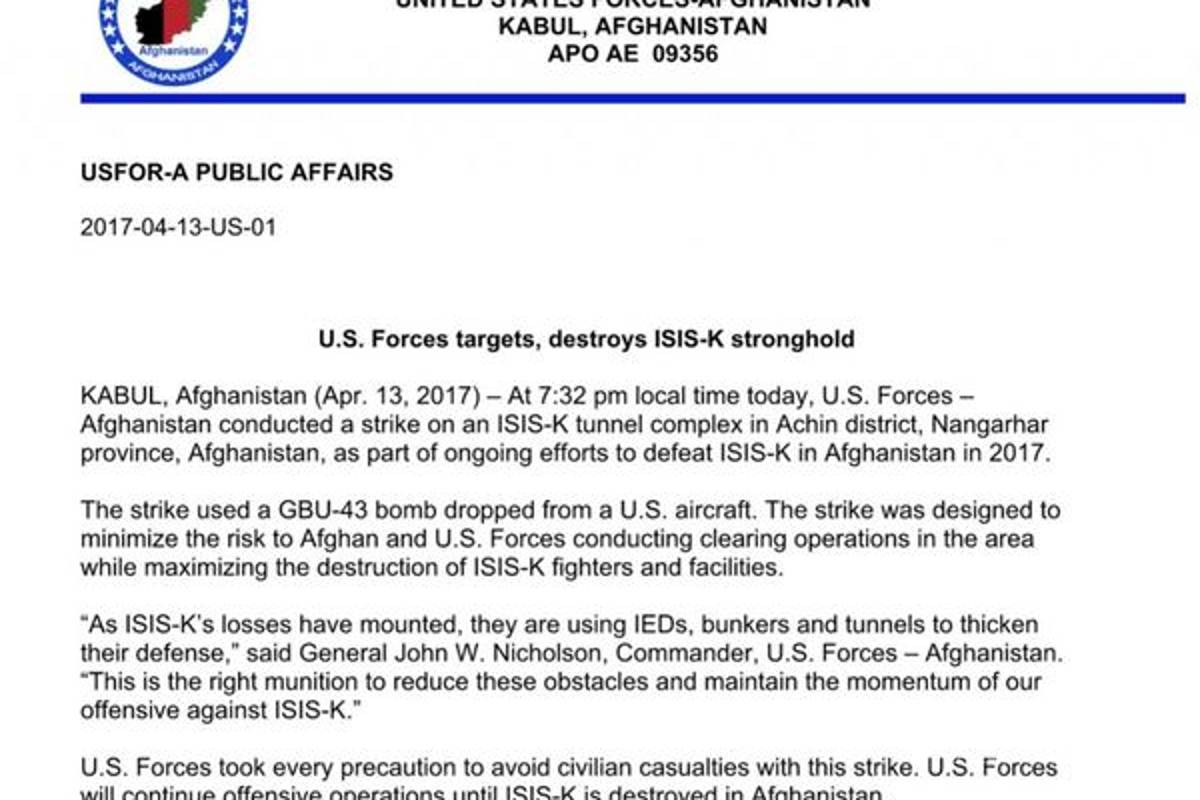 $!Estados Unidos lanza 'la madre de todas las bombas' contra el Estado Islámico en Afganistán