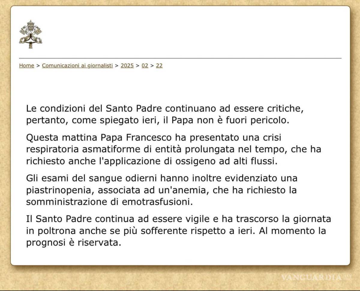 $!El papa Francisco permanece en estado crítico tras sufrir este sábado una crisis respiratoria por lo que se le tuvo que suministrar oxígeno.