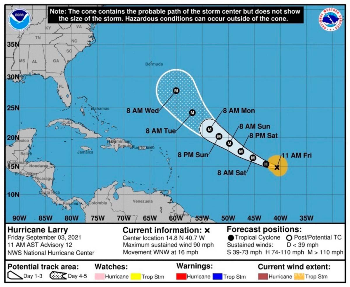 $!Imagen cedida por la Oficina Nacional de Administración Oceánica y Atmosférica (NOAA) a través del Centro Nacional de Huracanes (NHC) donde se muestra el pronóstico de cinco días de la trayectoria del huracán Larry en el Atlántico. EFE/NOAA-NHC