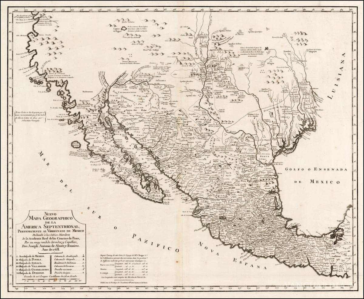 $!Nuevo mapa Geográfico de la América Septentrional, parte del Virreinato de México. Año de 1768.