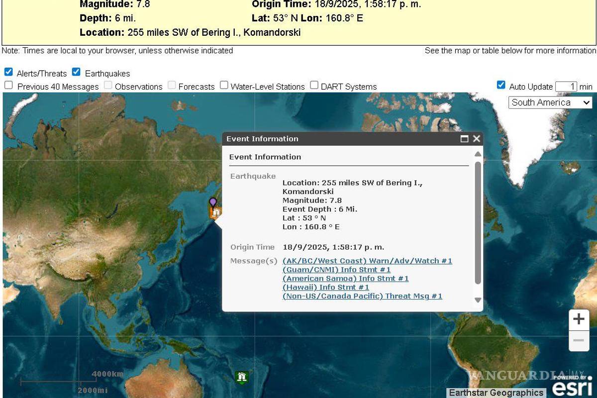 $!Reportan sismo de 7.8 en la costa oriental de Rusia; Estados Unidos activa alerta de tsunami
