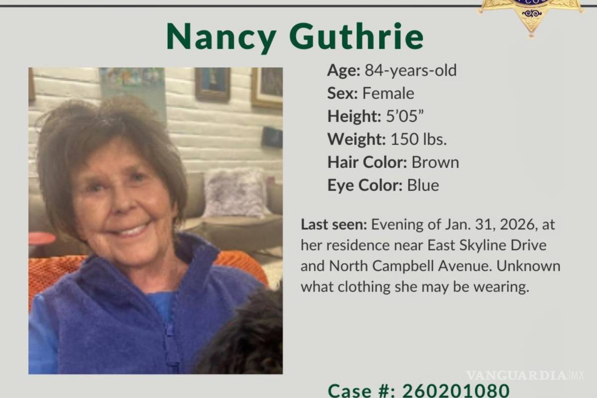 $!Esta imagen proporcionada por el Departamento del Sheriff del Condado de Pima, muestra una alerta de persona desaparecida para Nancy Guthrie.
