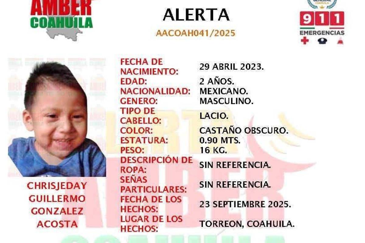 $!La Fiscalía de Coahuila solicita ayuda ciudadana para localizar a Chrisjeday, de 2 años.
