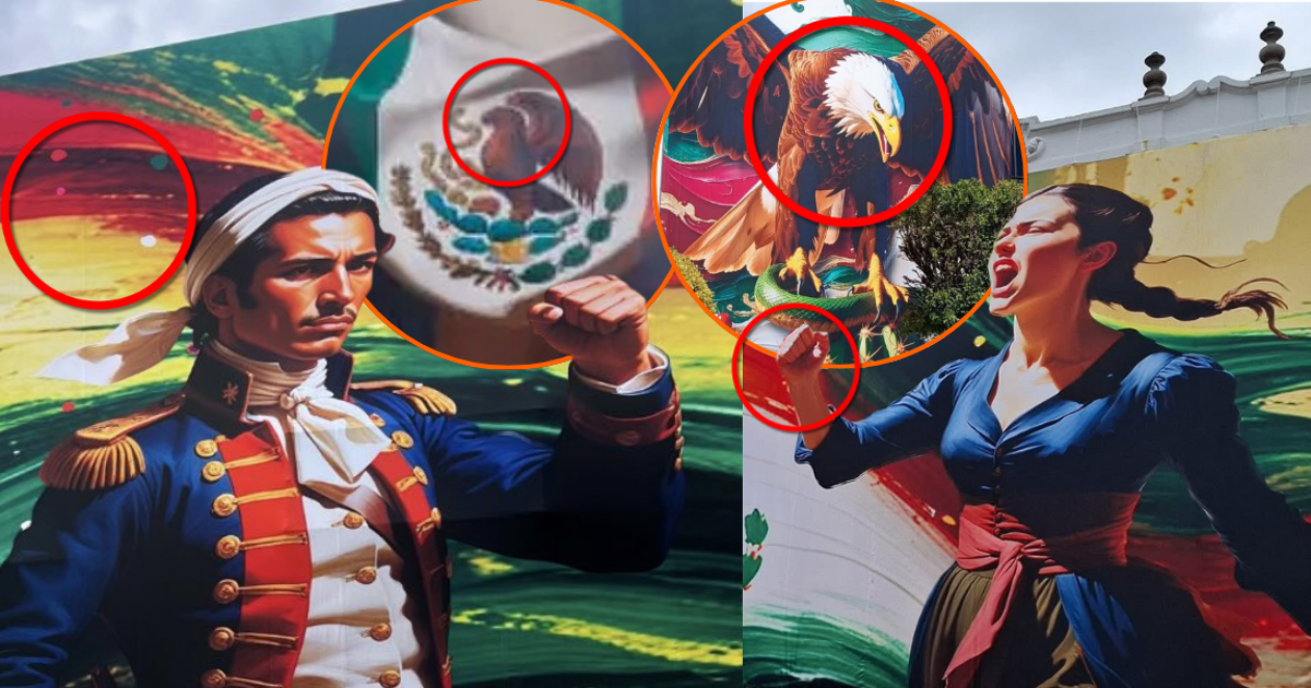 Colocan murales patrios en Tlaxcala hechos con IA; exhiben manos con 6 dedos y escudo con águila sin cabeza