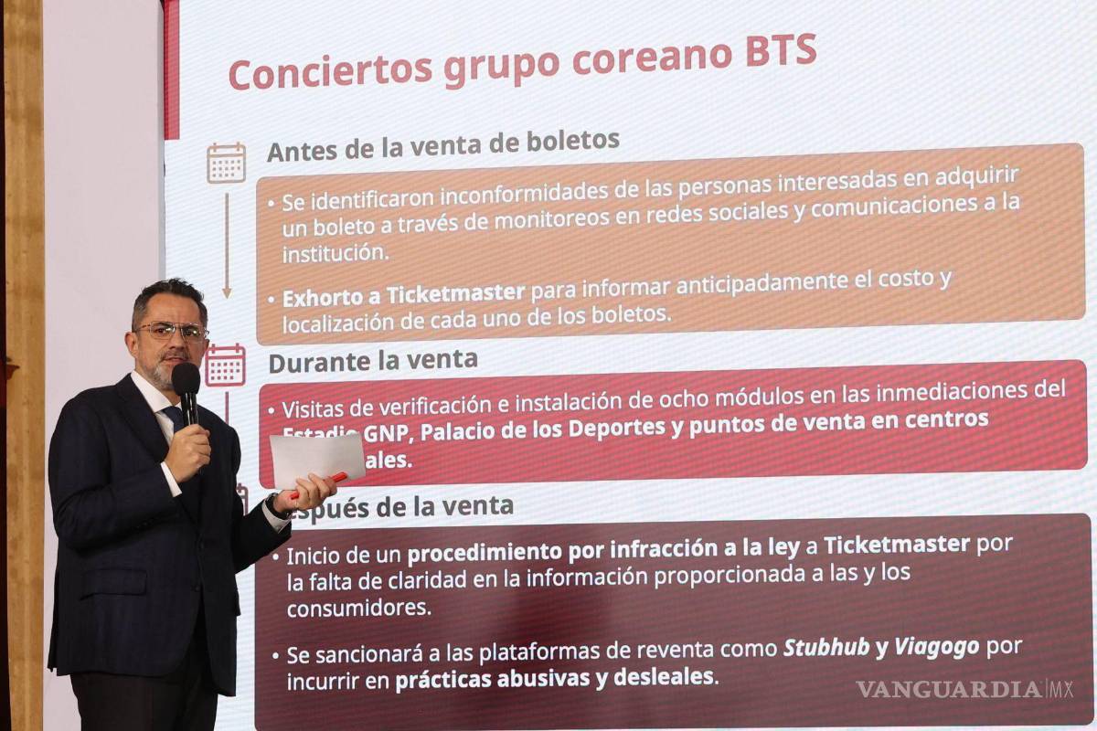 $!Iván Escalante, director de Profeco, dio a conocer las acciones que se están emprendiendo para poder regular la venta de boletos de BTS, esto ante las denuncias de sus fans quienes señalaba que las empresas de vender los tickets no ofrecer las reglas claras para poder comprarlos, esto durante la Mañanera del Pueblo.