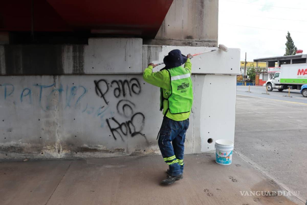 $!Personal del programa “Aquí Andamos” aplica pintura y elimina grafiti de los siete pilares de la escultura del Sarape de Saltillo, en el Paseo de la Reforma.