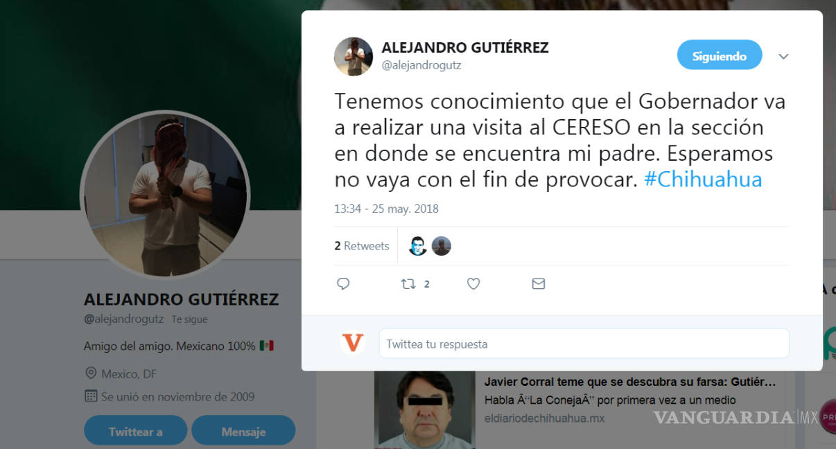 $!Corral visitará el CERESO: &quot;Esperamos no vaya con el fin de provocar&quot;, dice hijo de Alejandro Gutiérrez