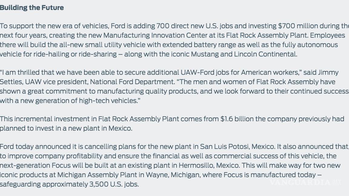 $!Ford cancela inversión de mil 600 mdd en México