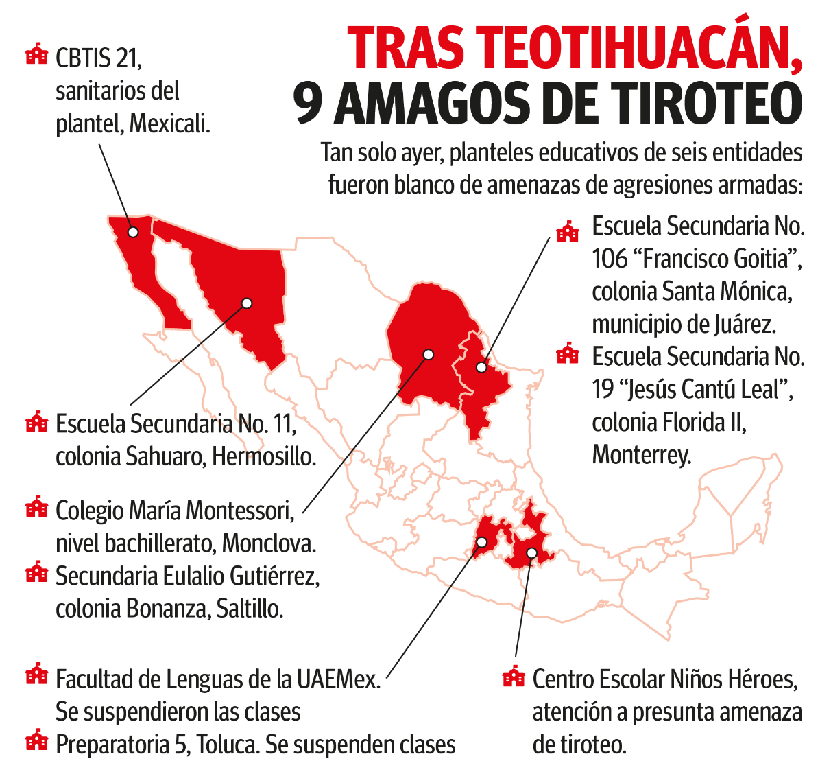 $!Tras ataque en Teotihuacán, alcanza a Coahuila ola de amenazas de tiroteo en escuelas
