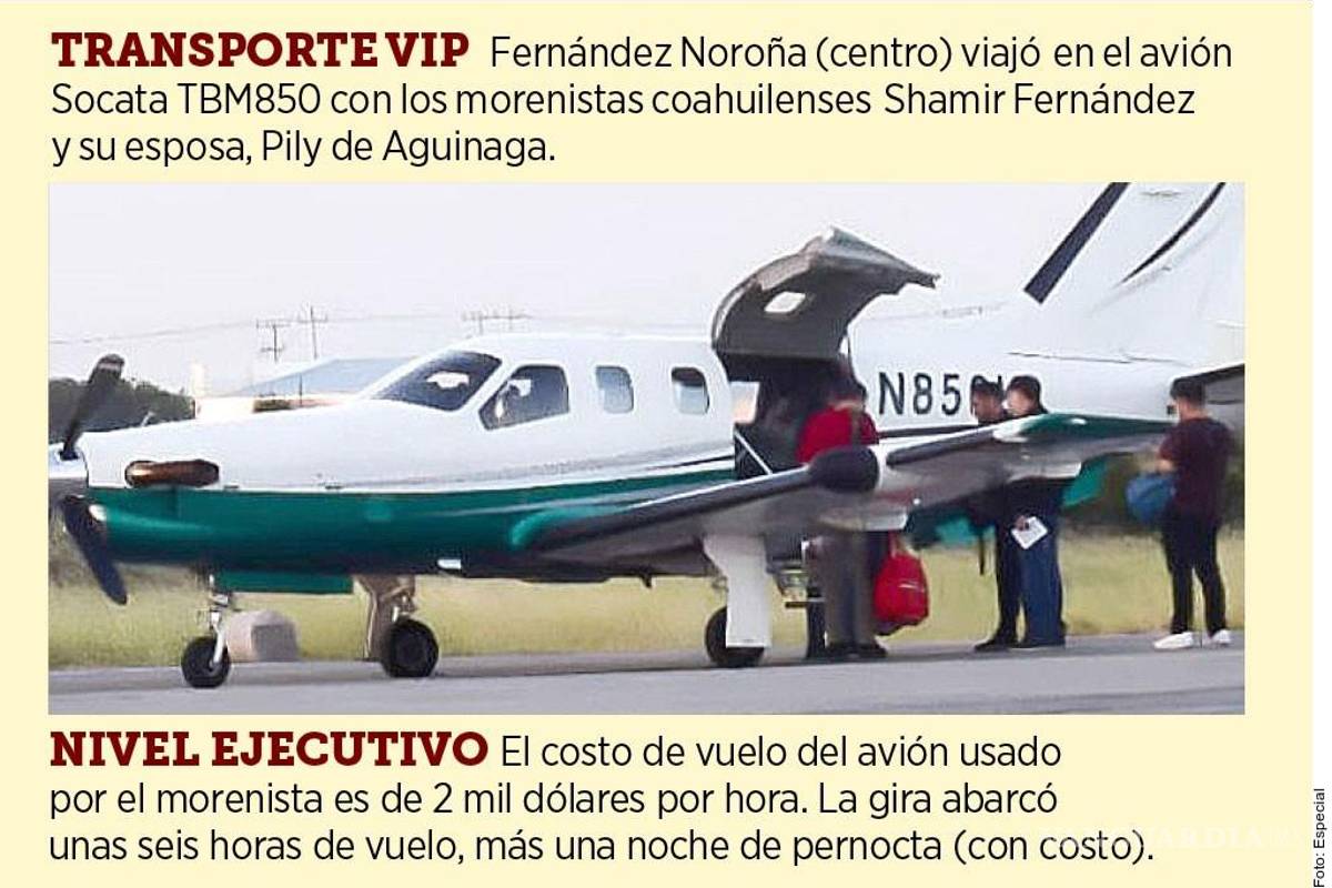 $!Noroña realiza gira en Coahuila con avión privado de lujo que cuesta 2 mil dólares por hora