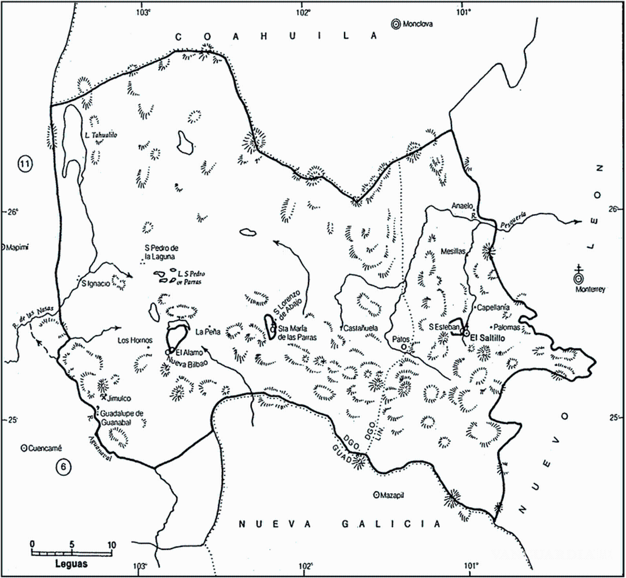 $!Mapa histórico de la jurisdicción de Saltillo durante el periodo colonial. En él aparecen la villa de El Saltillo, San Esteban, haciendas, caminos, serranías y poblaciones conectadas con una extensa región fronteriza. Sus límites recuerdan que la resistencia indígena no ocurrió dentro de las divisiones actuales: la ocupación de la tierra, las incursiones y las disputas por el trabajo alcanzaban un territorio articulado con Parras, Mazapil, Monclova y el Nuevo Reino de León.