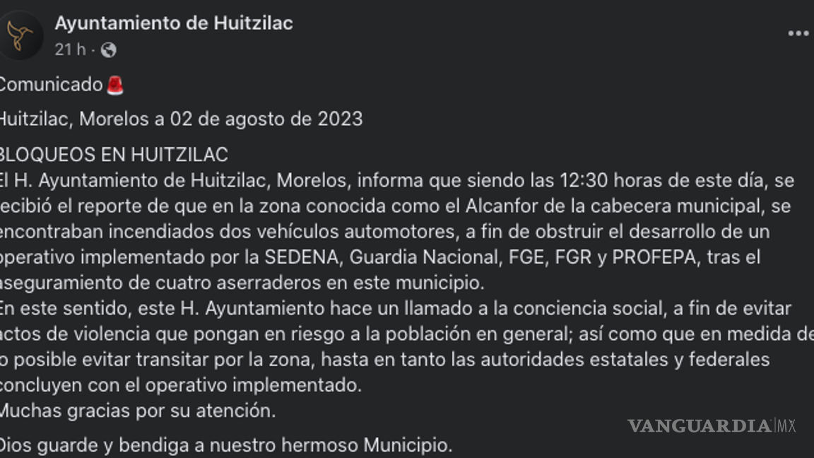$!El ayuntamiento realizó un comunicado exhortando a la población de Huitzilac de evitar transitar por la zona