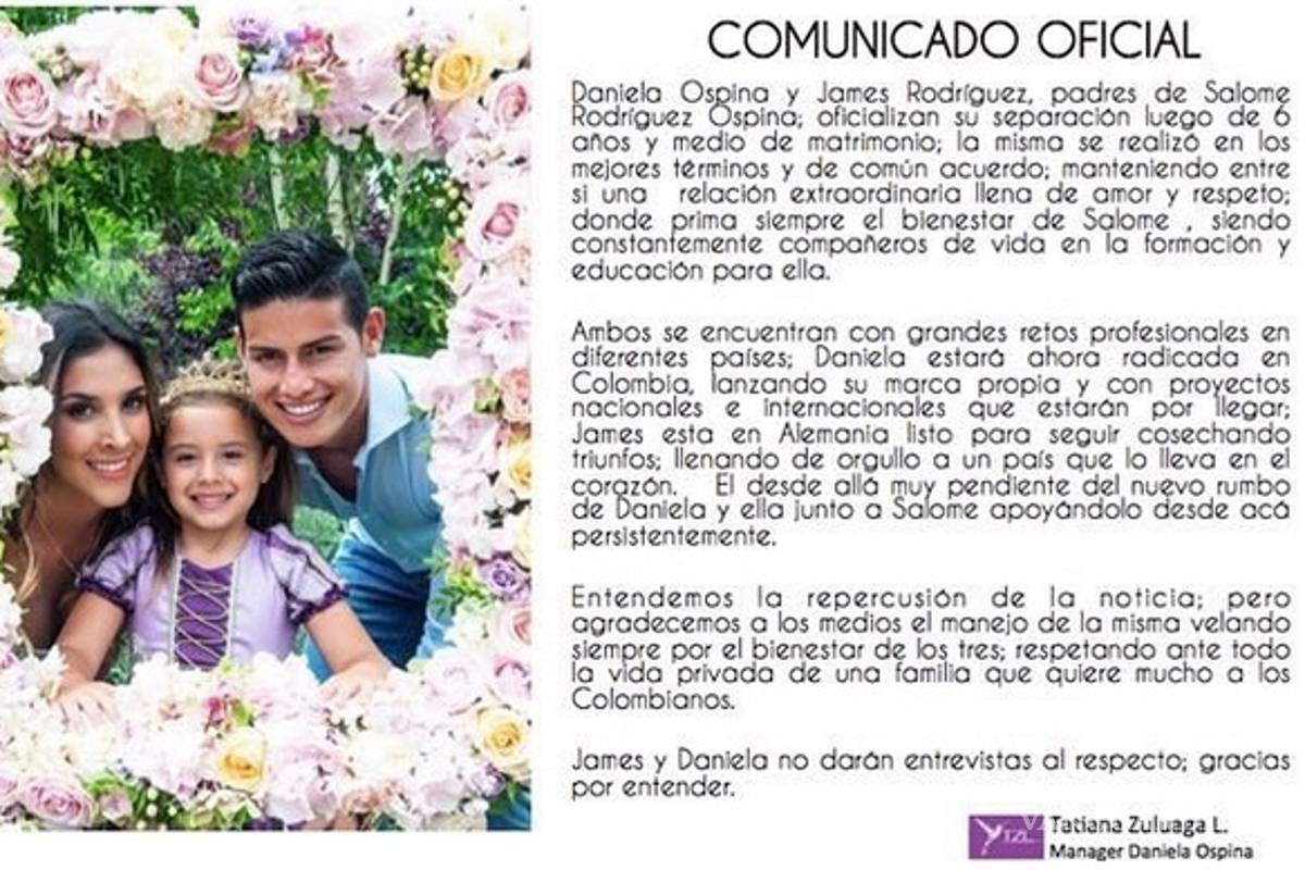 James Rodríguez y Daniela Ospina confirman su separación tras seis años de casados