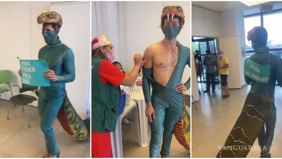 Geógrafo recibe vacuna contra COVID disfrazado de caimán en protesta contra Bolsonaro