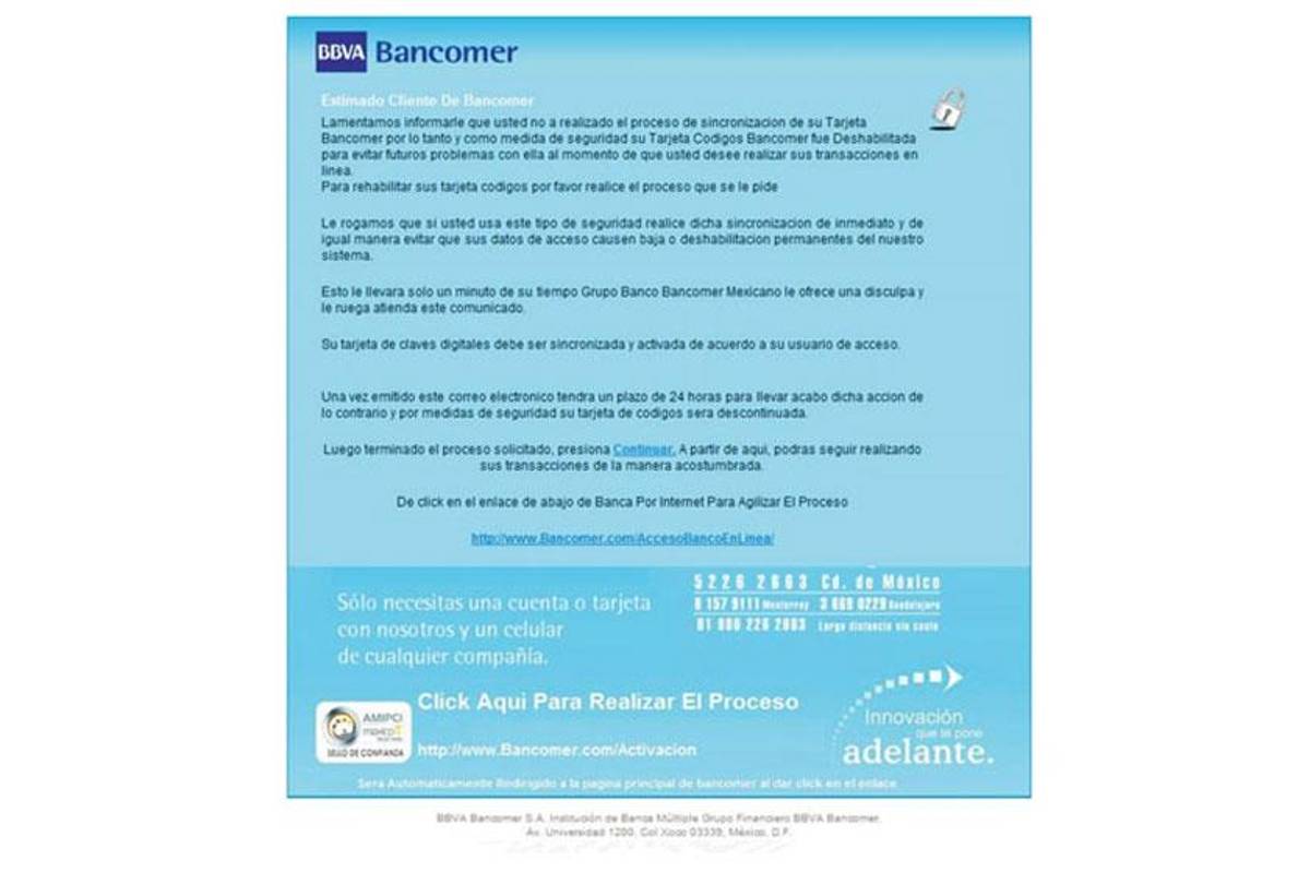 Emiten alerta por correo falso que involucra a BBVA Bancomer