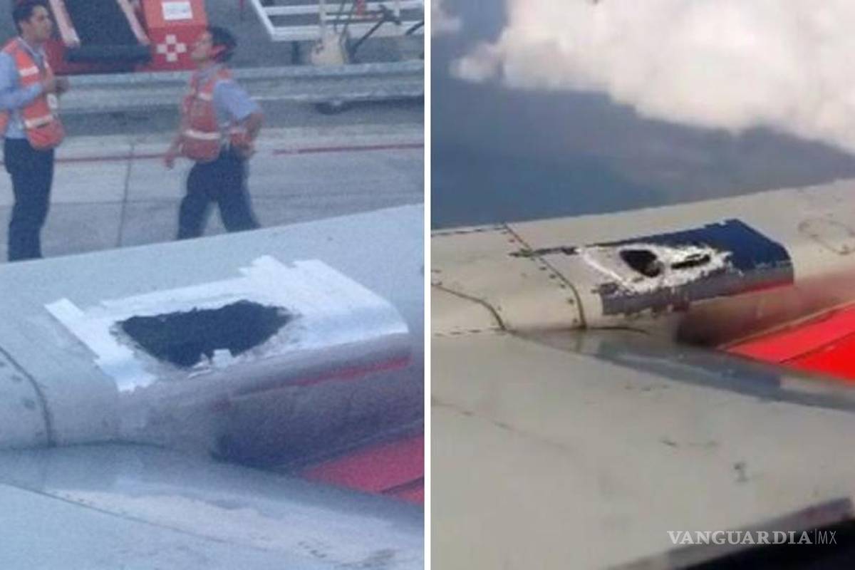 Avión de VivaAerobus vuela con parche de masking tape en un ala
