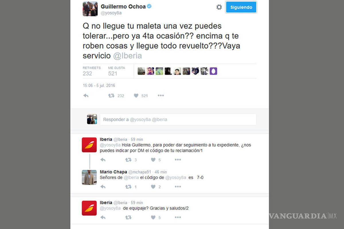 Memo Ochoa reclama maleta perdida en Twitter y lo trollean por el 7-0