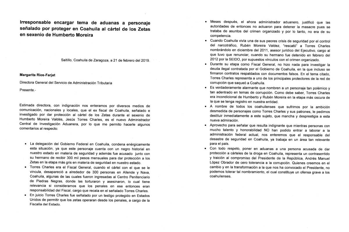 $!Reyes Flores, delegado de AMLO en Coahuila, exige al SAT destitución de Torres Charles