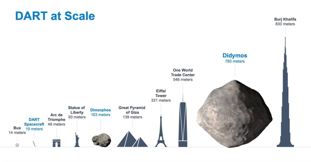 $!Infografía comparativa de asteroides del sistema binario Didymos y objetos terrestres. EFE/Ricardo Segura