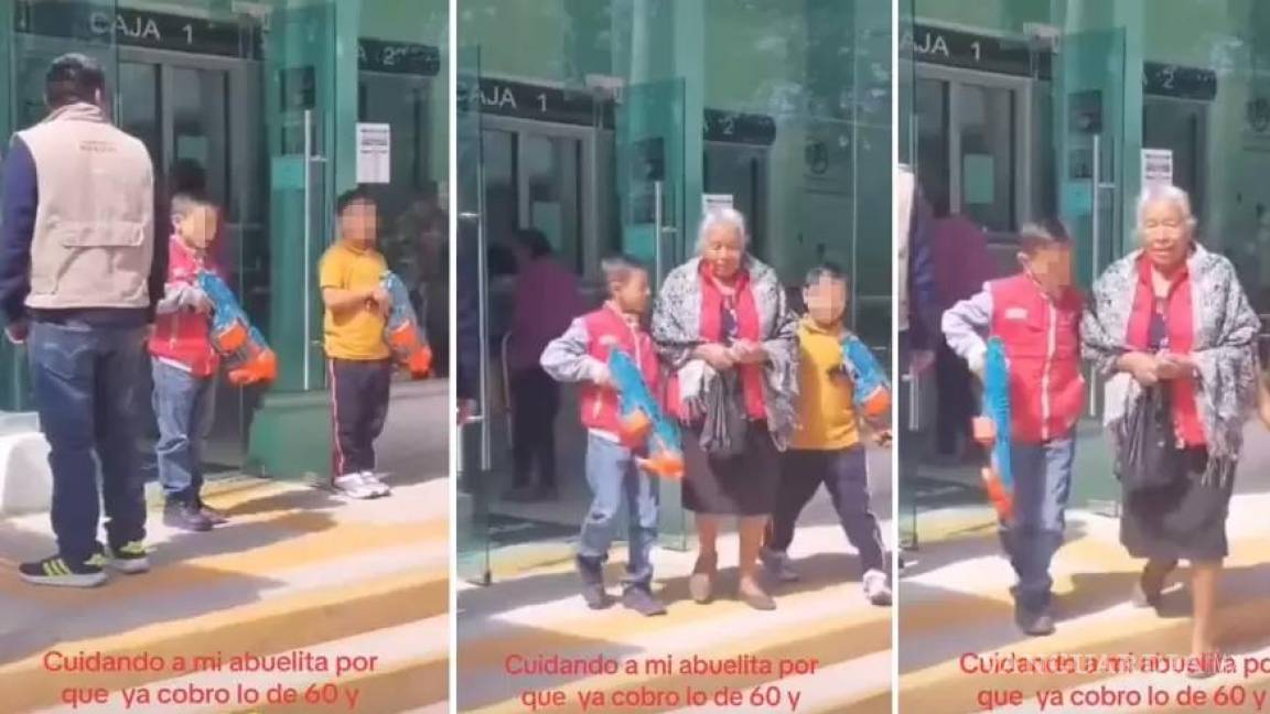 Pensión del Bienestar... Niños escoltan a sus abuelitas con pistolas de juguete al cobrar sus 12 mil pesos (videos)