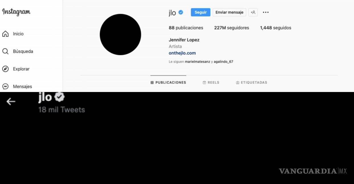 $!Arriba, la cuenta en Instagram de Jennifer Lopez en blanco y sin imagen en su perfil. Abajo, la cuenta de la actriz en Twitter sin foto de perfil.