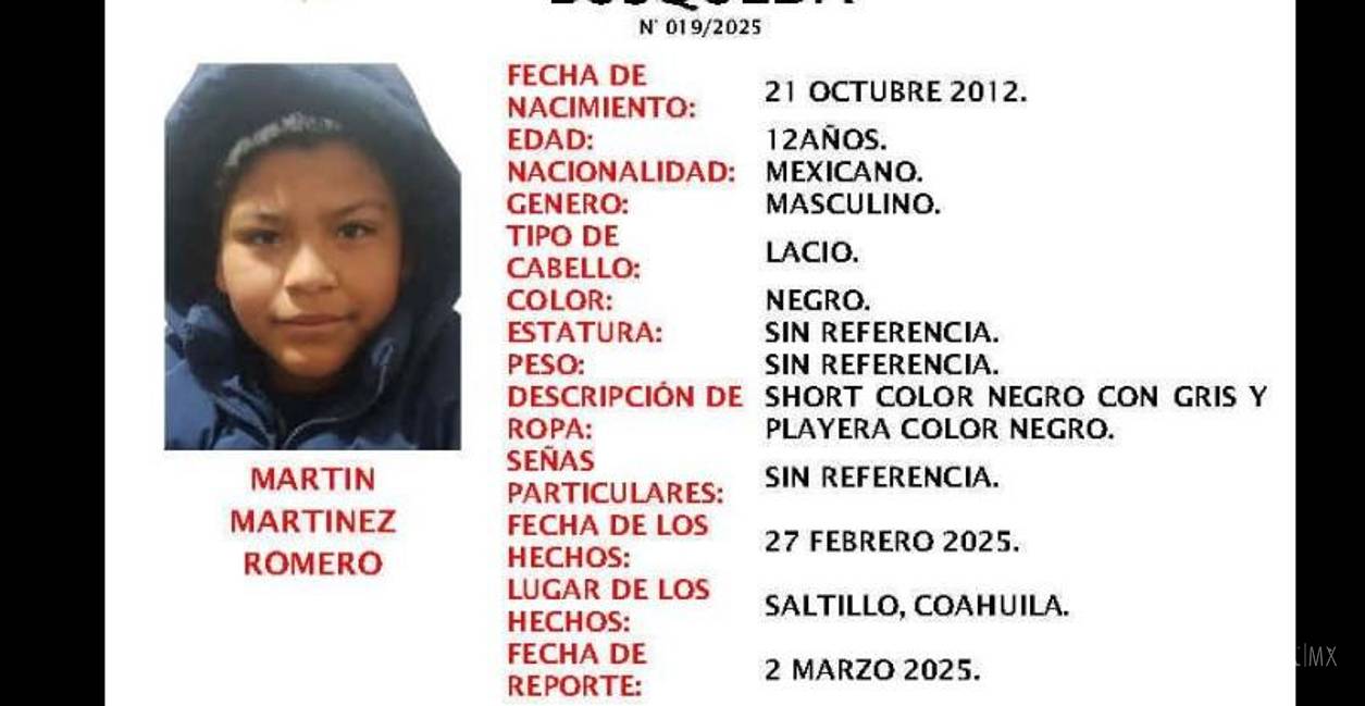 Alerta por menor desaparecido en el Centro de Saltillo