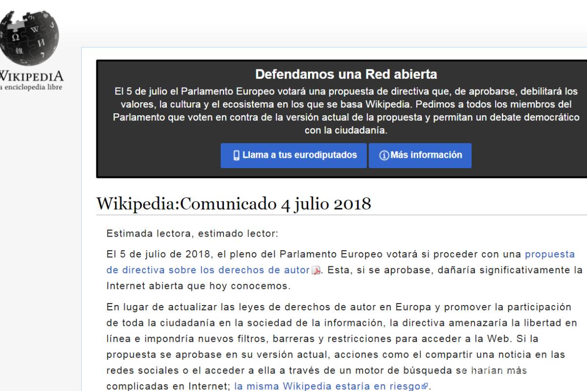 Wikipedia, versión en español, cerró temporalmente para protestar contra una propuesta europea de derechos de autor