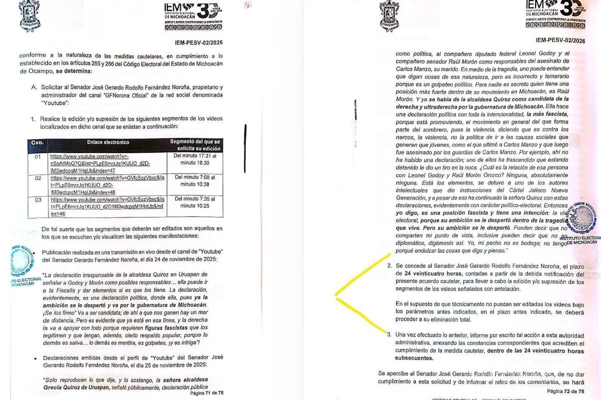 $!IEM ordena a Fernández Noroña retirar contenidos contra alcaldesa de Uruapan por violencia política de género