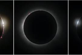 Esta combinación de fotografías muestra la trayectoria de la luna, de derecha a izquierda, durante un eclipse solar total, visto desde Mazatlán, México.