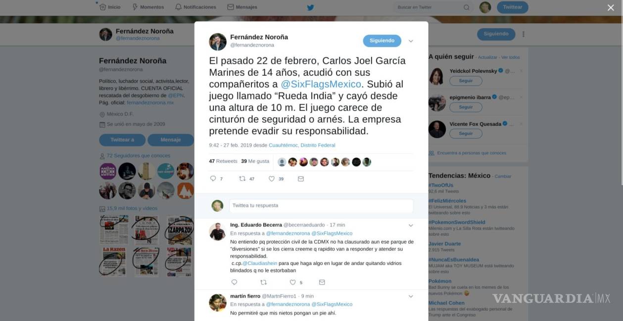 $!Joven de Coahuila agradece a Fernández Noroña por apoyo tras accidente en Six Flags