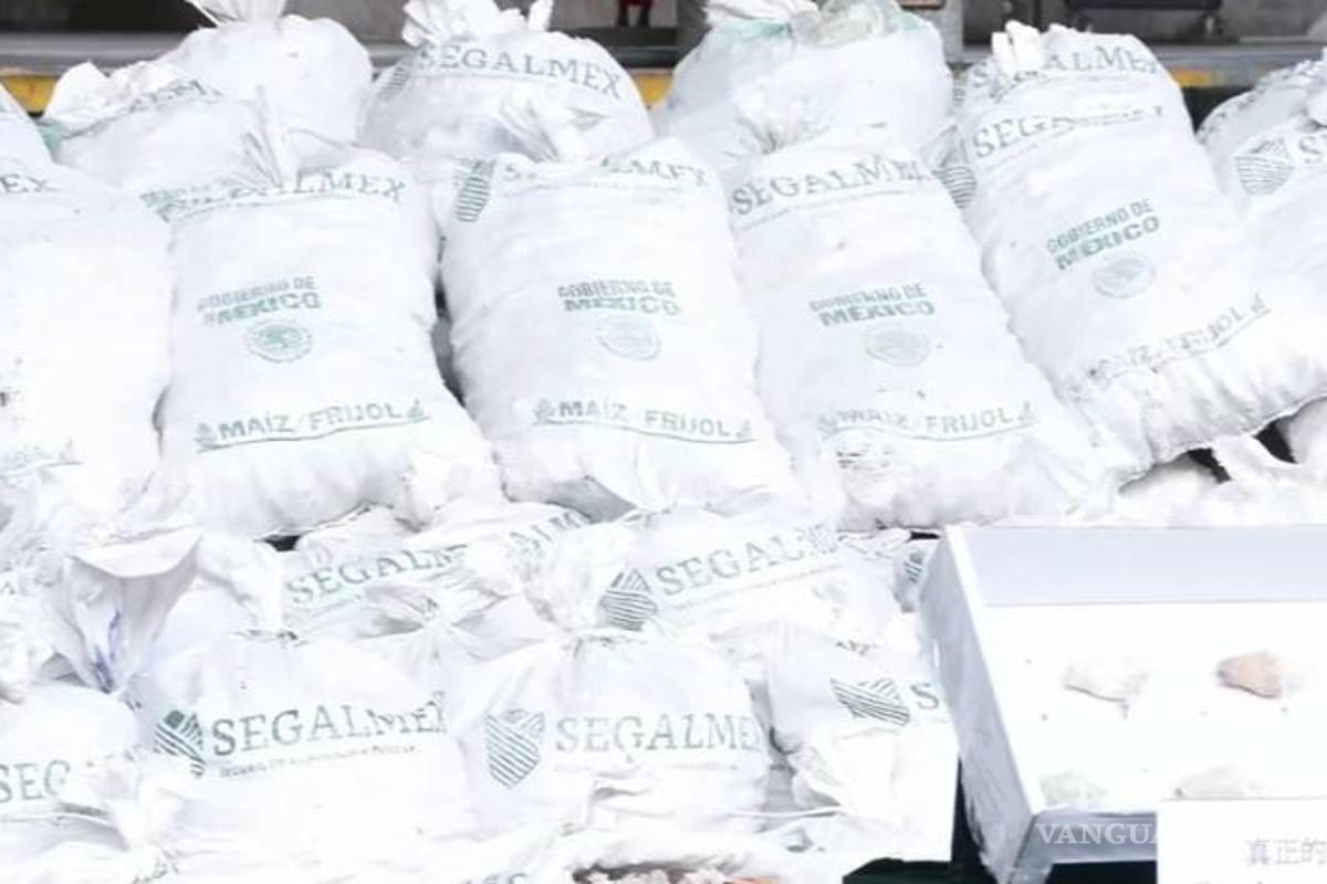 Aseguran cargamento de 1.1 toneladas de metanfetamina procedente de México con logos de SEGALMEX en Hong Kong