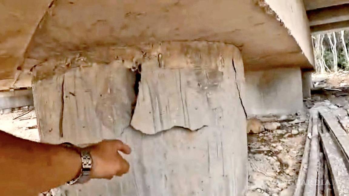 $!Activistas exhiben cuarteaduras en pilotes del Tramo 5 del Tren Maya