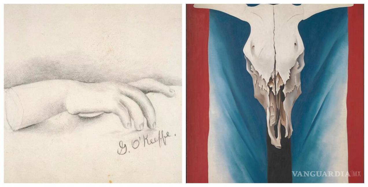 $!El estudio de la izquierda es una obra de Georgia O’Keeffe cuando tenía 14 años, la pintura de la derecha “Craneo de vaca, rojo, blanco y azul”, la realizó a los 44 años en 1931.