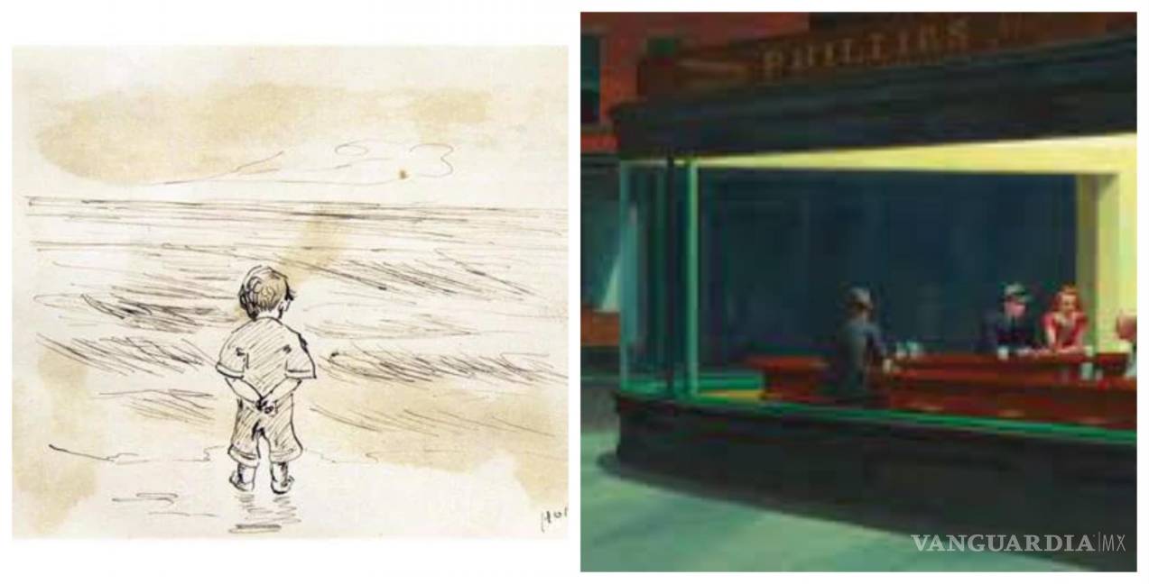 $!El dibujo de la Izquierda Hopper lo realizó a los 9 años, la pintura de la derecha “Nighthawks” la pintó a los 60 años, en 1942.