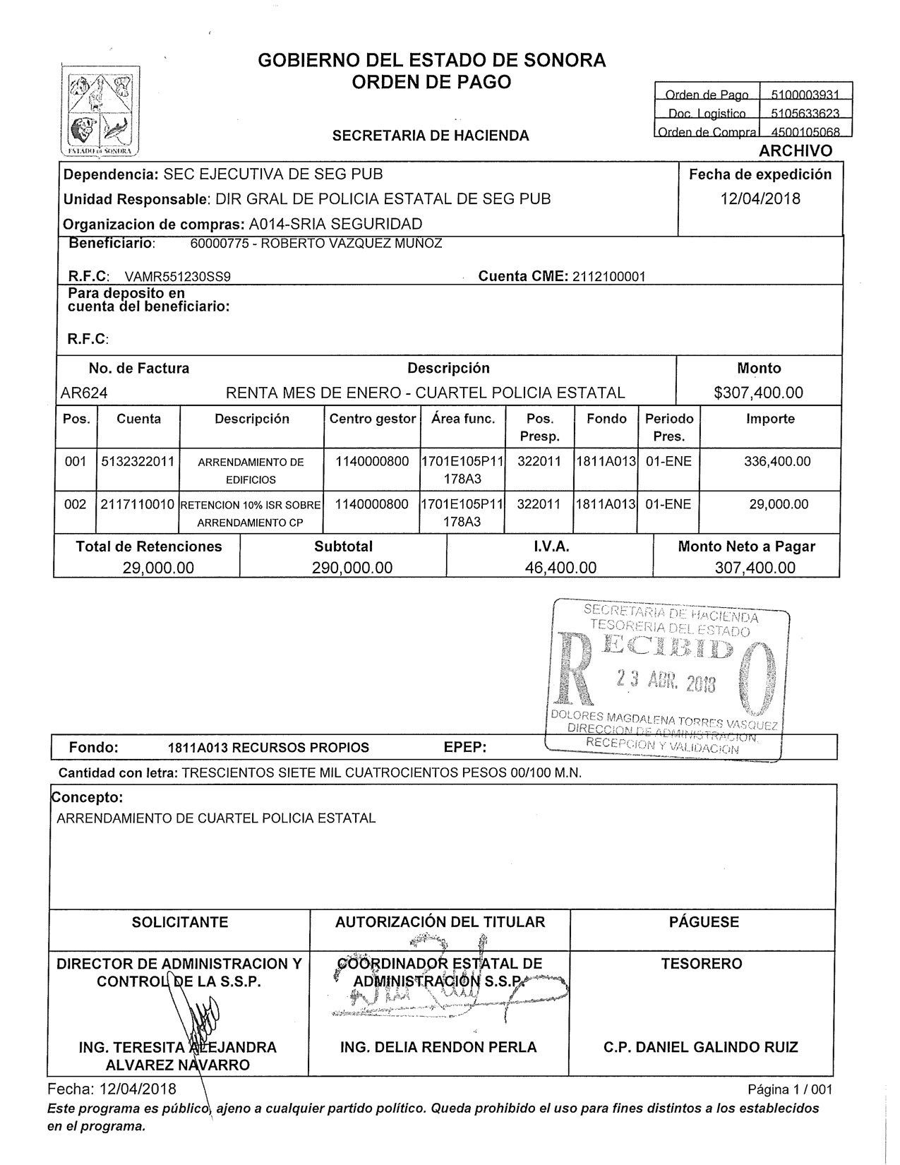 $!Con aval, funcionaria de Sonora paga a su cuñado más de 10 mdp en rentas para Seguridad Pública