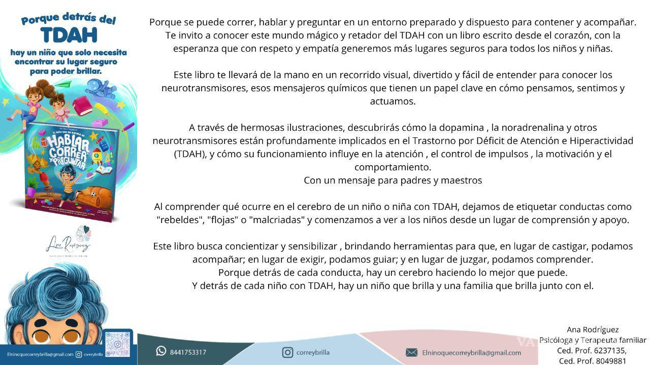 $!Psicóloga de Saltillo publica un libro para que niños y adultos conozcan lo que es el TDAH