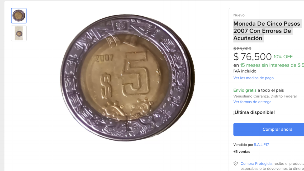 ¡Increíble! Moneda mexicana de 5 pesos 2007 con error de acuñación se vende en $76,500