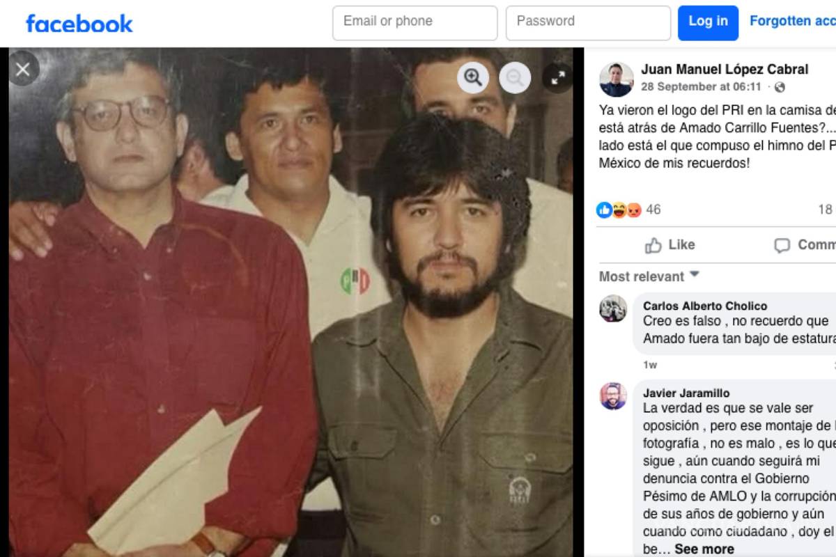 $!“Ya vieron el logo del PRI en la camisa del que está atrás de Amado Carrillo Fuentes?.....ah, y al lado está el que compuso el himno del PRI.. el México de mis recuerdos!”, se lee en un texto publicado por un usuario en Facebook de la imagen que fue modificada a través de la inteligencia artificial.
