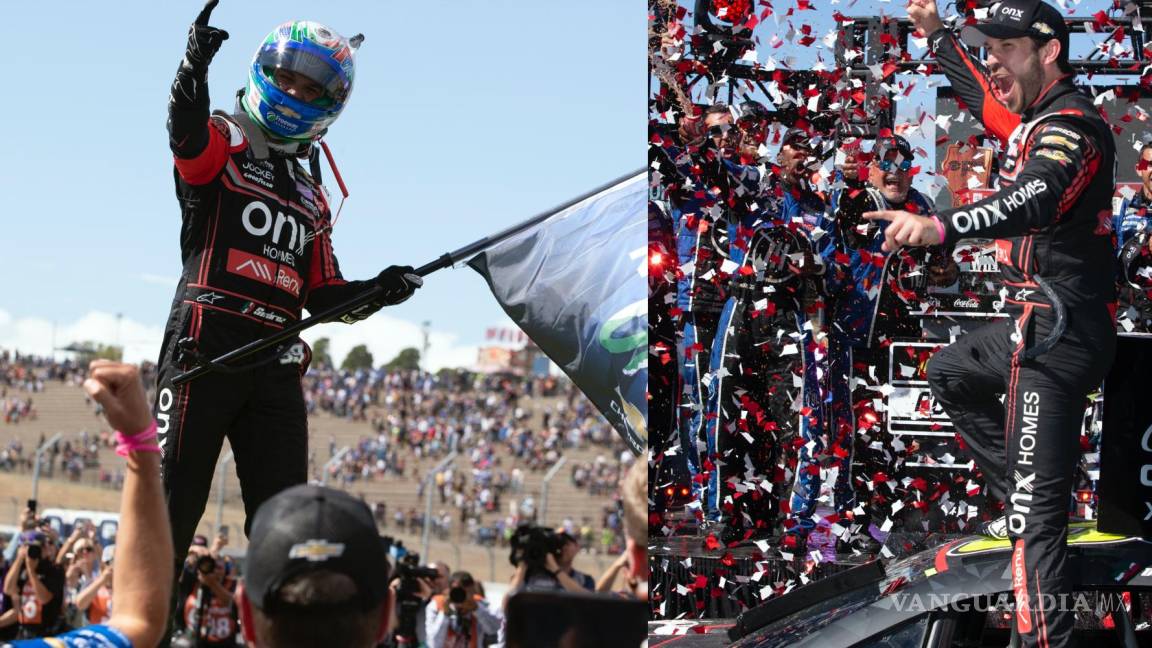 $!Daniel Suárez parado encima de su auto después de ganaren la NASCAR Cup Series (d). El piloto mexicano celebra su histórica victoria (i).
